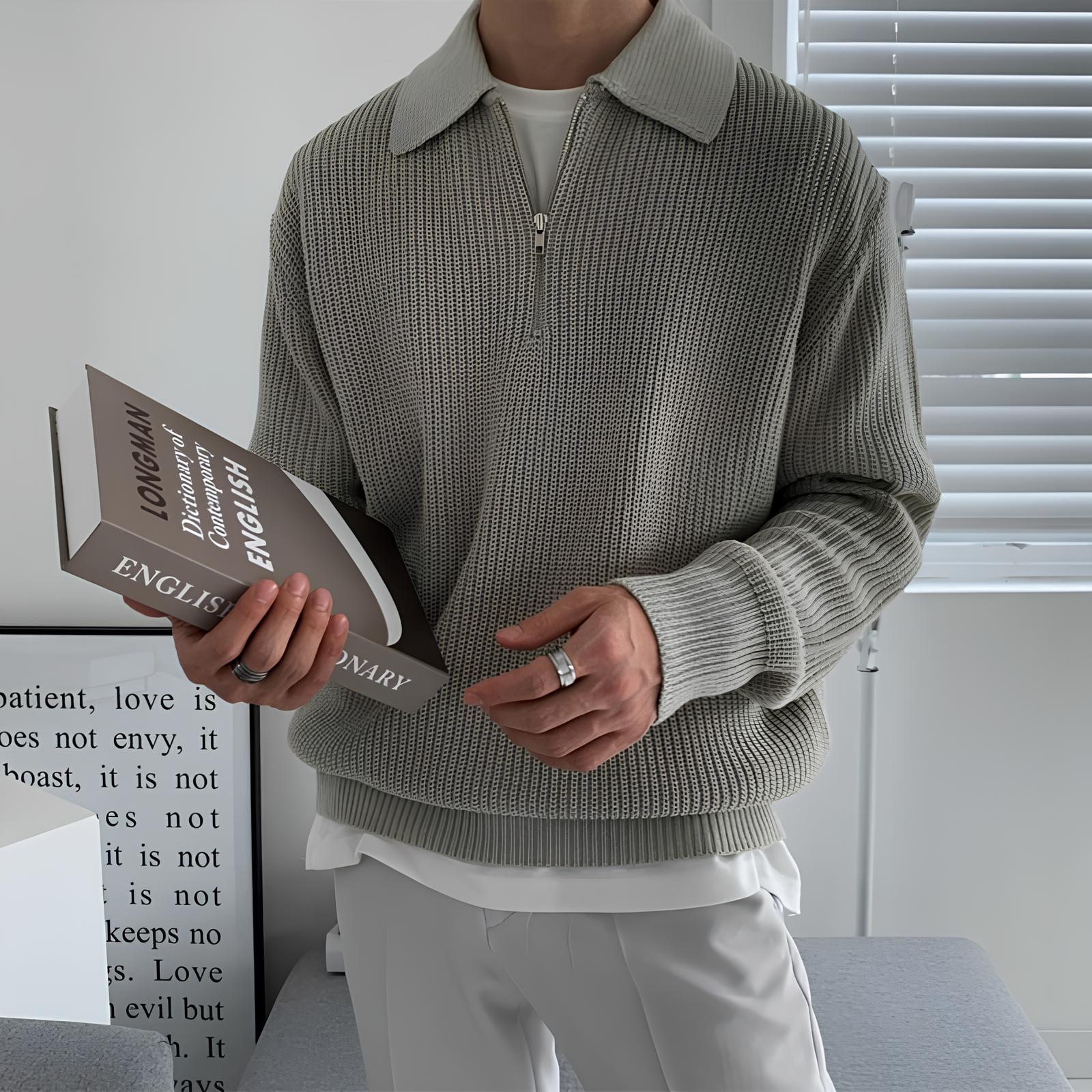 Suéter de Tricô Masculino Canelado com Meio Zíper