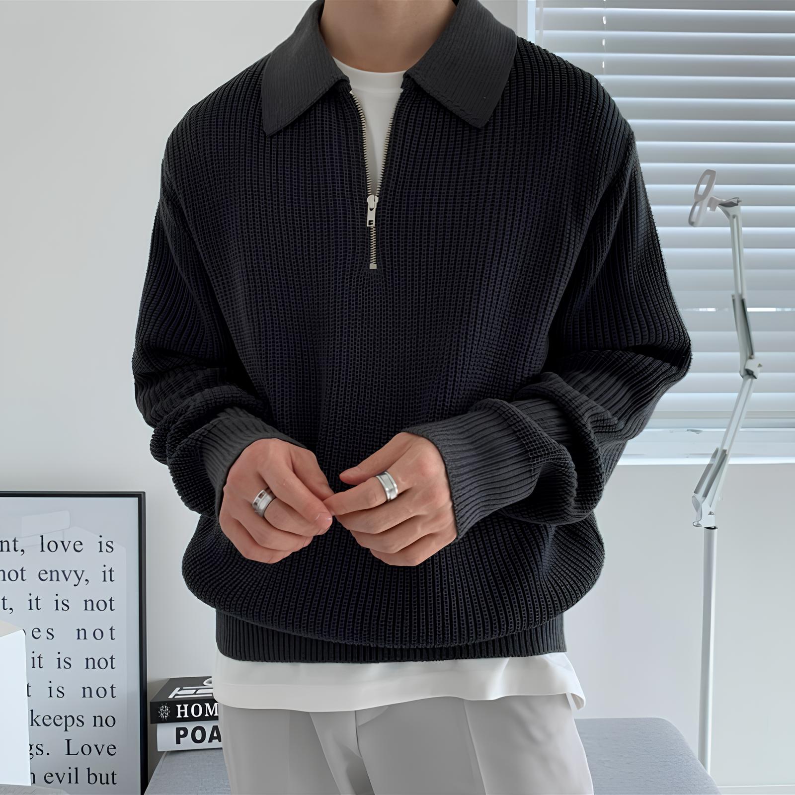Suéter de Tricô Masculino Canelado com Meio Zíper